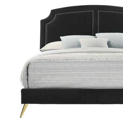 Elegant Black Velvet King Bed with Gold Nailhead Trim