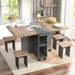 5-Piece Brown Folding Dining Table Set with Drop Leaf and 4 Chairs, Space-Saving Extendable Kitchen Table with Storage Shelves and Wheels-Cuddlewood - 1 of 4