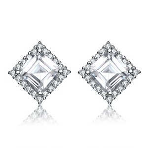 Guili Square Stud Earrings with Colored CZ—a stylish and versatile piece that adds a vibrant sparkle to any outfit in white or blue. - 1 of 2