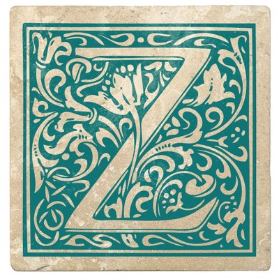 Christmas by Krebs Set of 4 Ivory and Teal Blue Alphabet "Z" Square Monogram Coasters 4"