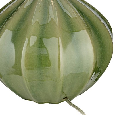 Handcrafted Ribbed Green Ceramic Table Lamp with Oatmeal Drum Shade