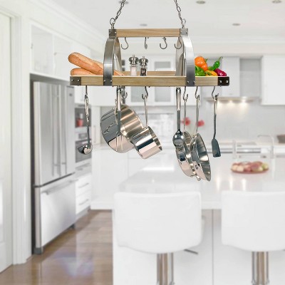 Natural Wood and Brushed Nickel 2-Light Ceiling Pot Rack