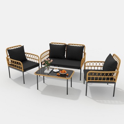 4-Piece Patio Set with Deep Seating & Waterproof Cushions, Boho Wicker Furniture with Coffee Table for Balcony, Backyard, Garden
