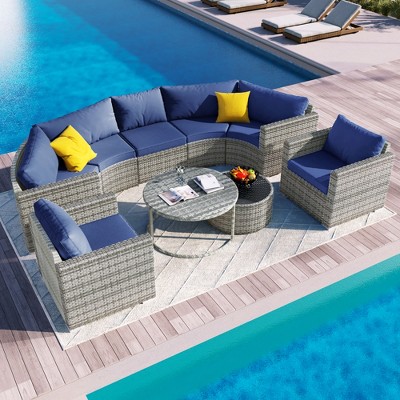 9 PCS Patio Wicker Sofa Set, Outdoor Half-moon Patio PE Rattan Conversation Set with Table -ModernLuxe