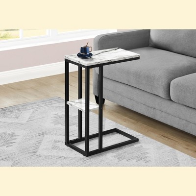 Vynxaria Contemporary C-Shaped Accent Table - White Marble Look Laminate & Black Metal, 18.25" L x 10.25" W x 25.25" H
