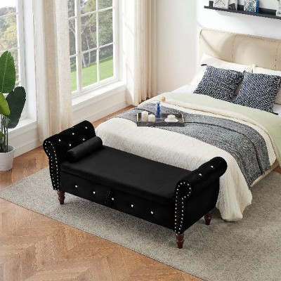 CAVINAS Velvet Storage Ottoman Bench, Rectangular Ottoman Bench with Crystal Tufting, Safety Hinges, Upholstered Ottoman Foot Rest with 1 Pillow