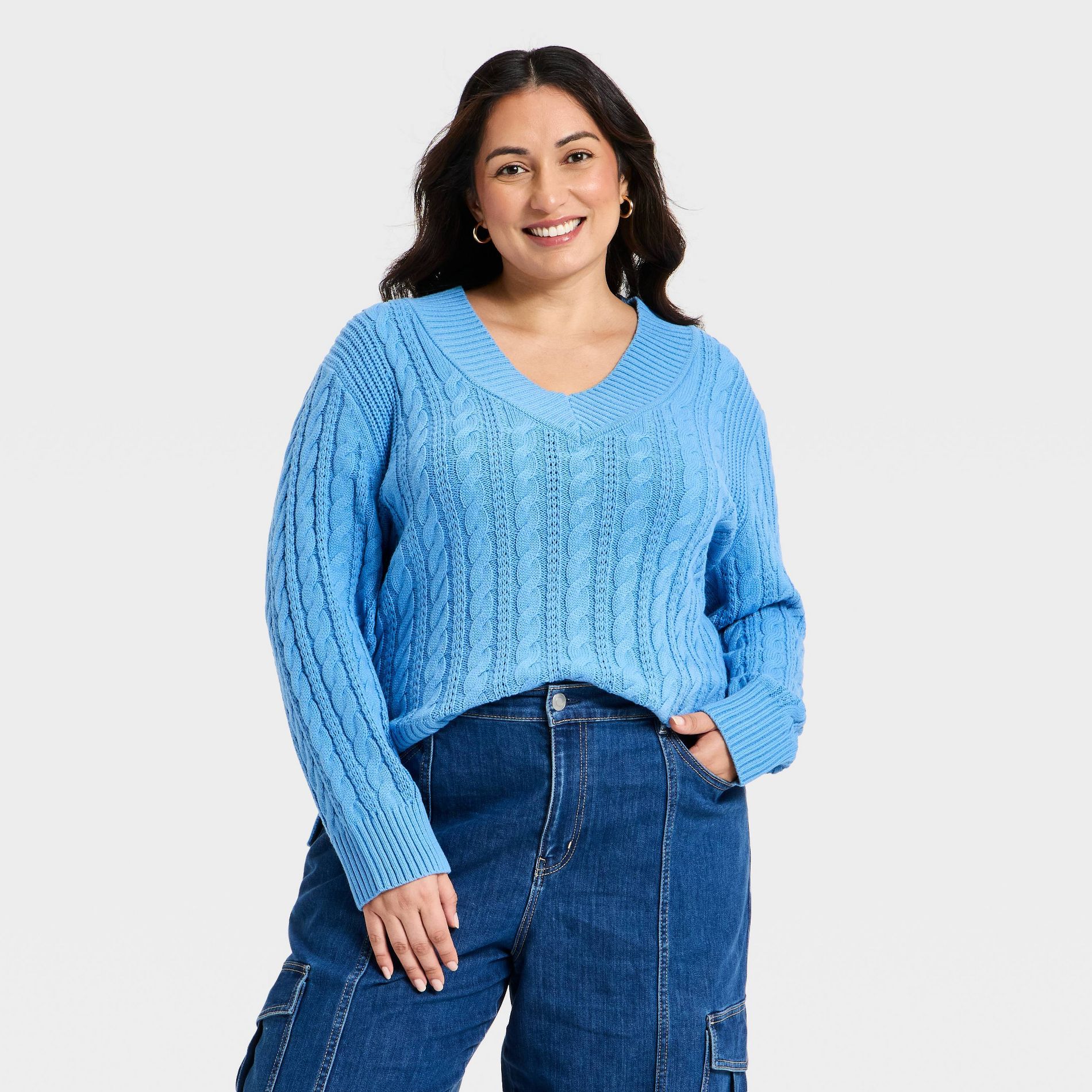 Women's Long Sleeve Cable Knit V-Neck Pullover Sweater - Ava & Viv™