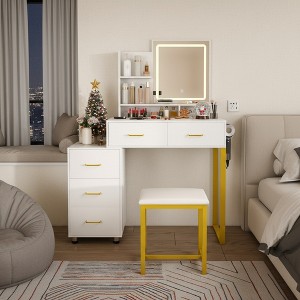 FONTOI 31.5"W Makeup Vanity Table with 5 Drawers Sturdy Metal Legs and Metal Chair for Woman Bedroom Dressing Room, White, 31.5"*15.75"*53.15" - 1 of 4