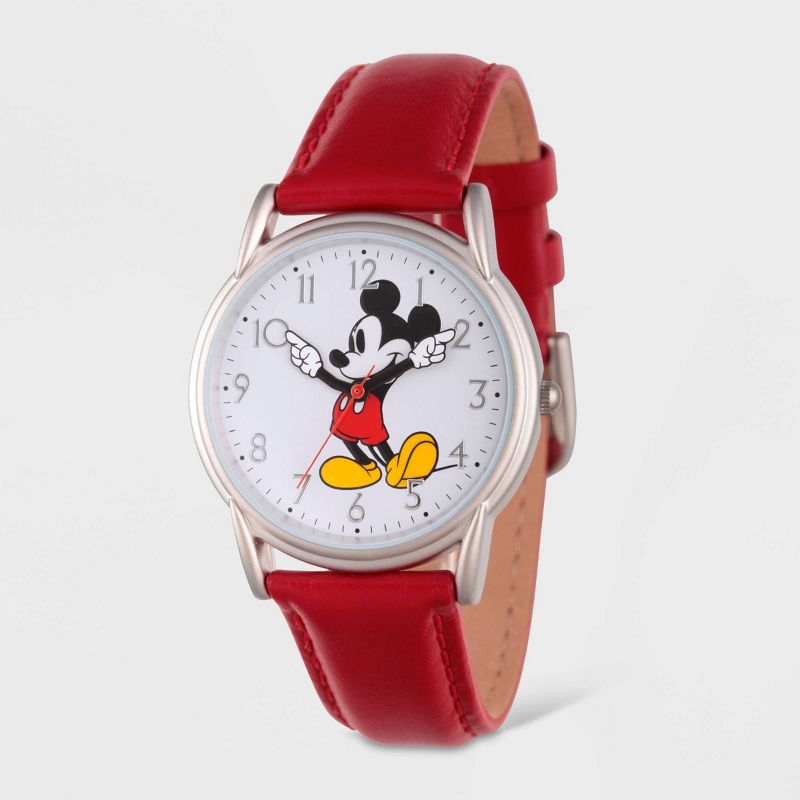 Women&#39;s Disney Mickey Mouse Silver Cardiff Leather Strap Watch - Red, 1 of 6