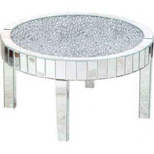 HomeRoots 31" Silver Mirrored Glass and Faux Crystal Round Coffee Table - 1 of 4