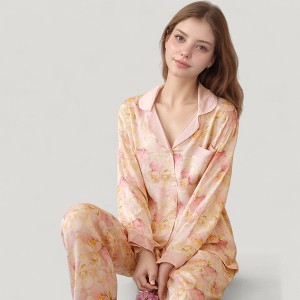 Anna-Kaci Women's Long Sleeve Button Front Pajama Set with Notched Collar and Floral Satin Finish - 1 of 4