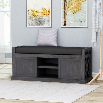 GDFStudio Vector Modern Acacia Wood Storage Bench with Cushion, Sandblast Dark Gray/Black