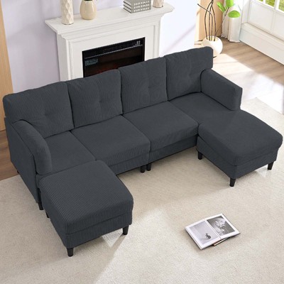 Mjkone Corduroy U-Shape Modular Convertible Sectional Sofa Couch,Upholstered 4-Seater Sofa with Movable Ottoman