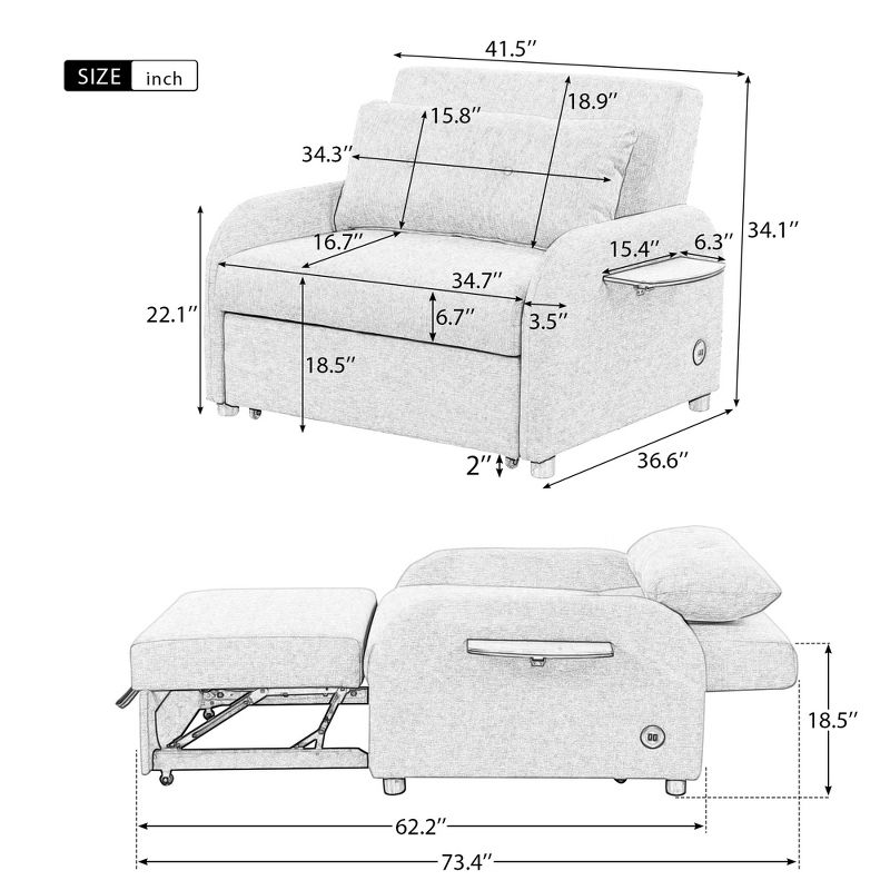3 in 1 Pull Out Sleeper Sofa with 2 Wing Table and USB Charge-ModernLuxe, 4 of 15