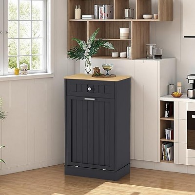 Wood Trash & Recycling Cabinet with Hideaway Drawer – Pet-Proof Freestanding Bin Holder for Kitchen