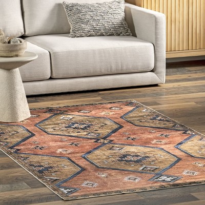 Judy Rust and Brown Medallion Washable Synthetic Area Rug