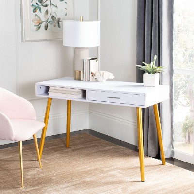 White and Gold Wood Writing Table with Drawer