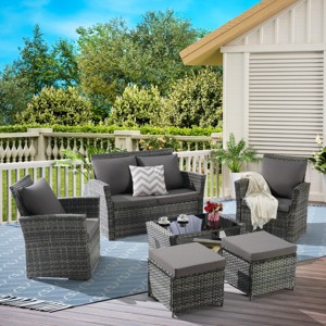 Outdoor 6 Piece Furniture Set, All Weather PE Rattan Sofa Set with Chairs and Table, Armrest Sofas With Cushions and Ottoman-Coolbibila - 1 of 4
