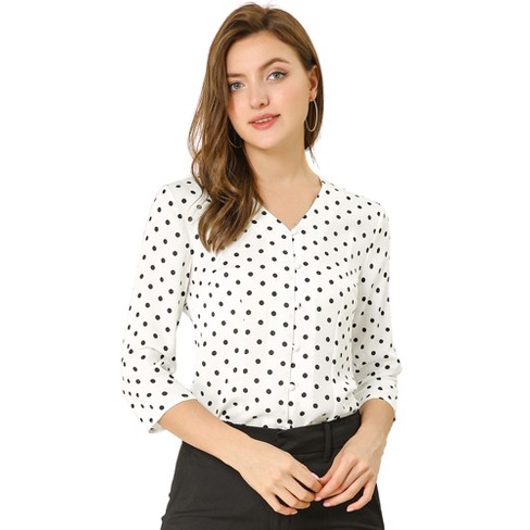 Allegra K Women's Polka Dots 3/4 Sleeve Casual Button Front Shirts White  Medium