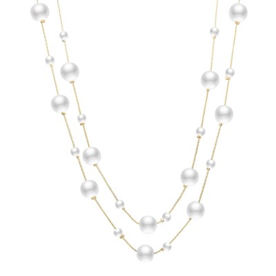 Gold multi-strand imitation pearl necklace, vintage long white pearl necklace