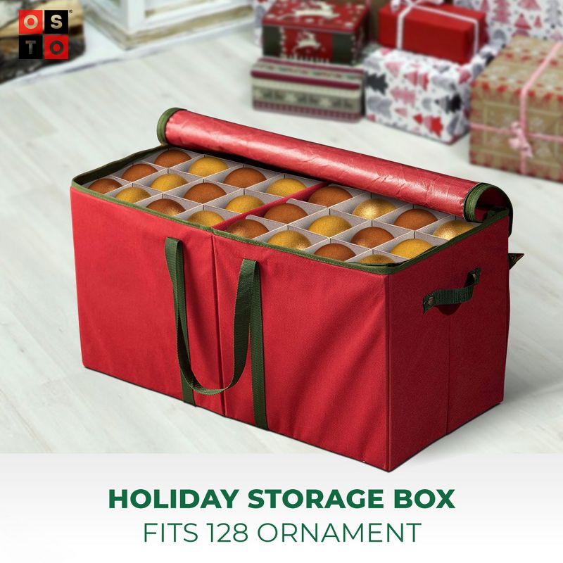 OSTO Large Christmas Ornament Storage Box Stores Up to 128 Holiday Ornaments of 3 in.; Non-Woven Fabric with Carry Handles and Side Pockets, 2 of 5