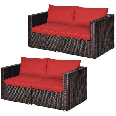 Tangkula 4PCS Rattan Corner Sofa Set Patio Outdoor Furniture Set w/ Red Cushions