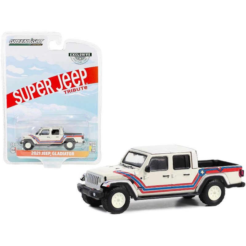 2021 Jeep Gladiator Truck "Super Jeep Tribute" White w/Red & Blue "Hobby Exclusive" Series 1/64 Diecast Model Car by Greenlight, 1 of 4