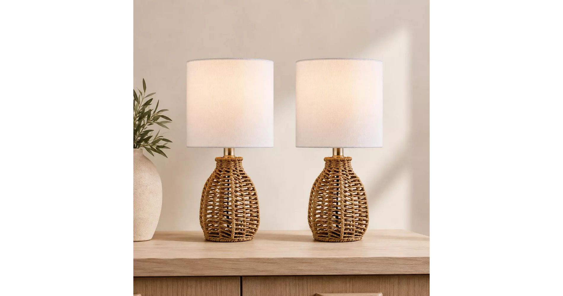 Maxax 13.5" Rattan Table Lamp Set of 2,Boho Woven Desk Lamp with Beige Fabric Shade for Bedroom, Living Room