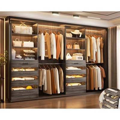 Aheaplus 6-15FT Closet Organizer with Drawers, Walk-in Wardrobe Closet System with 4 Hanging Rods