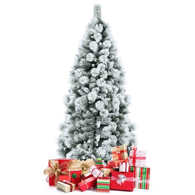 Tangkula 5FT Hinged Slim Artificial Xmas Tree, Snow-Flocked Pencil Christmas Tree W/ 470 Branch Tips