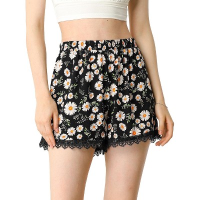 Allegra K Women's Summer Floral Printed Lace Trim Elastic Waist Beach Shorts