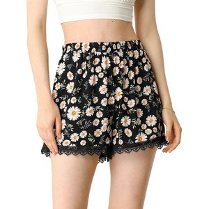 Allegra K Women's Summer Floral Printed Lace Trim Elastic Waist Beach Shorts - 1 of 4