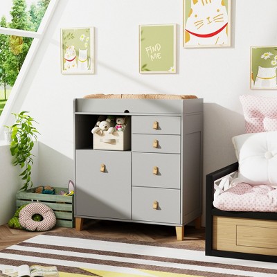 FUFU&GAGA Baby Changing Table Storage Cabinet Large Operating Table Four Drawers Leather Handles Solid Wood Table Corners Practical and Safe