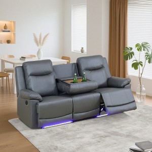 MAYEERTY Power Reclining Sofa, Electric 3-Seat Leather Recliner with USB Charging, Reversible Table & LED for Living Room, Brown - 1 of 4