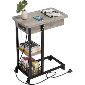 C Shaped Side Table with Charging Station, Flip Top End Table with USB Ports & Outlets, 3-Tier Storage Shelf for Living Room, Bedroom, Small Spaces - 1 of 4
