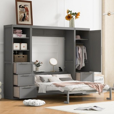 Streamdale Queen Size Murphy Bed Wall Bed with Closet, Drawers and Shelves,Gray