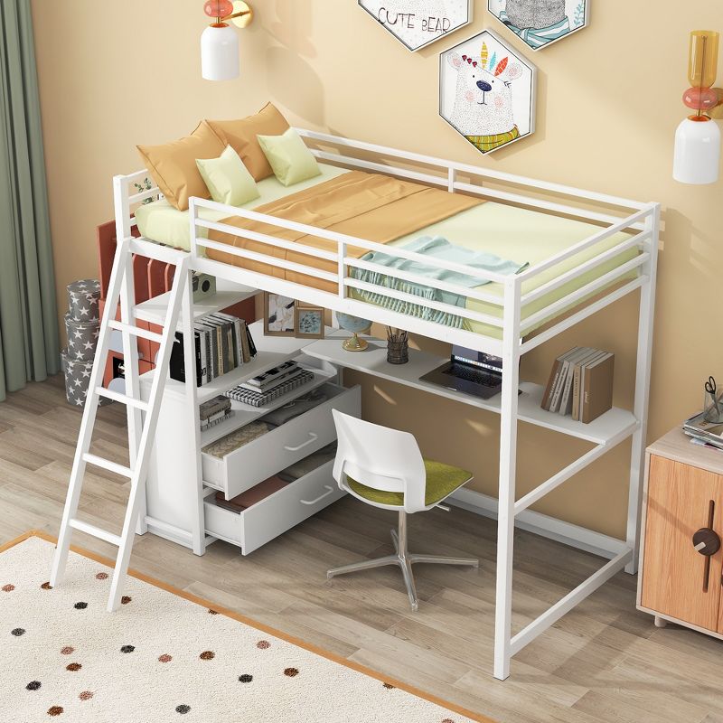 Twin Size Metal Loft Bed with Desk, Shelves and Two Built-in Drawers - ModernLuxe, 3 of 12