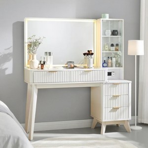 Vanity Desk with Mirror and Lights, 48in Makeup Vanity with Glass Top & Charging Station & 5 Drawers - 1 of 4