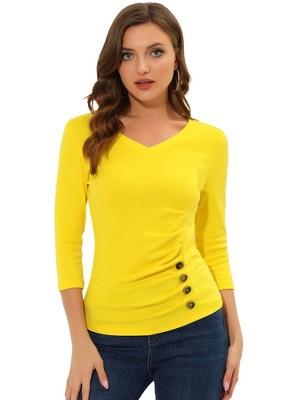 INSPIRE CHIC Women's V Neck 3/4 Sleeves Solid Knitted Buttons Decor Ruched Blouse