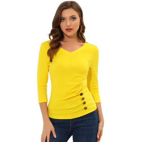 Allegra K Women's V Neck 3/4 Sleeves Solid Knitted Buttons Decor Ruched  Blouse Lemon Yellow Small : Target