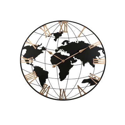 GlasFlength Wall Clocks Decorative World Map Modern Silent Vintage Arabic Numeral Elegant Design for Multiple Rooms, Black, 35.5"*35.5"*35.5"