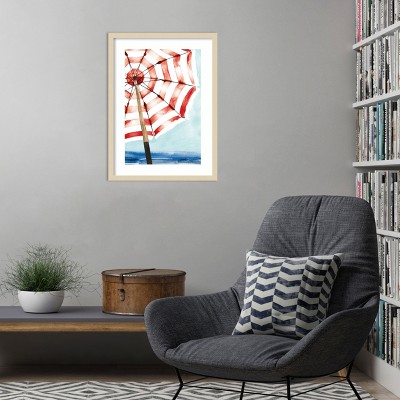 Red and White Striped Beach Umbrella Framed Wall Art Print