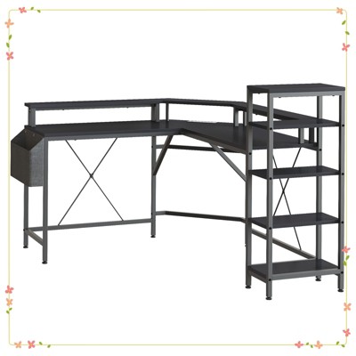 61 Inch L Shaped Home Office Gaming Desk with Outlets - Built-in LED Lights & 5-Shelf System