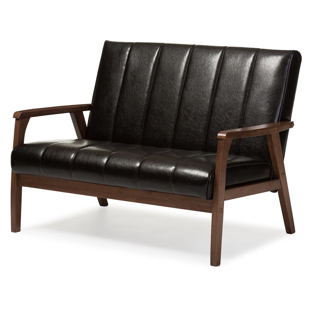 Photos - Sofa Nikko Mid-Century Modern Scandinavian Style Faux Leather Wooden 2 Seater Loveseat Dark Brown - Baxton Studio: Compact, Rubbe