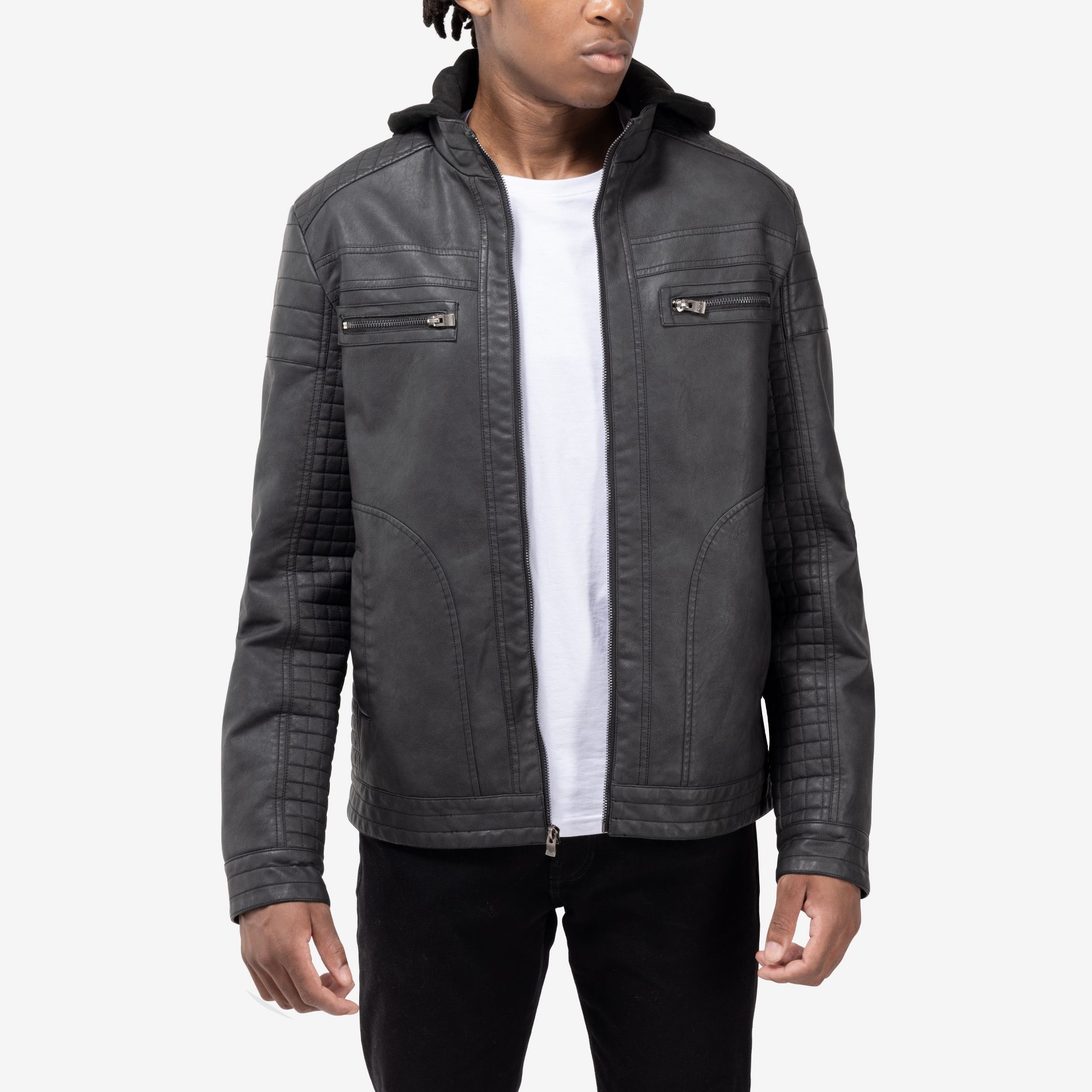 X RAY Men's PU Leather Jacket With Hood And Faux Shearling Lining in STEEL Size L