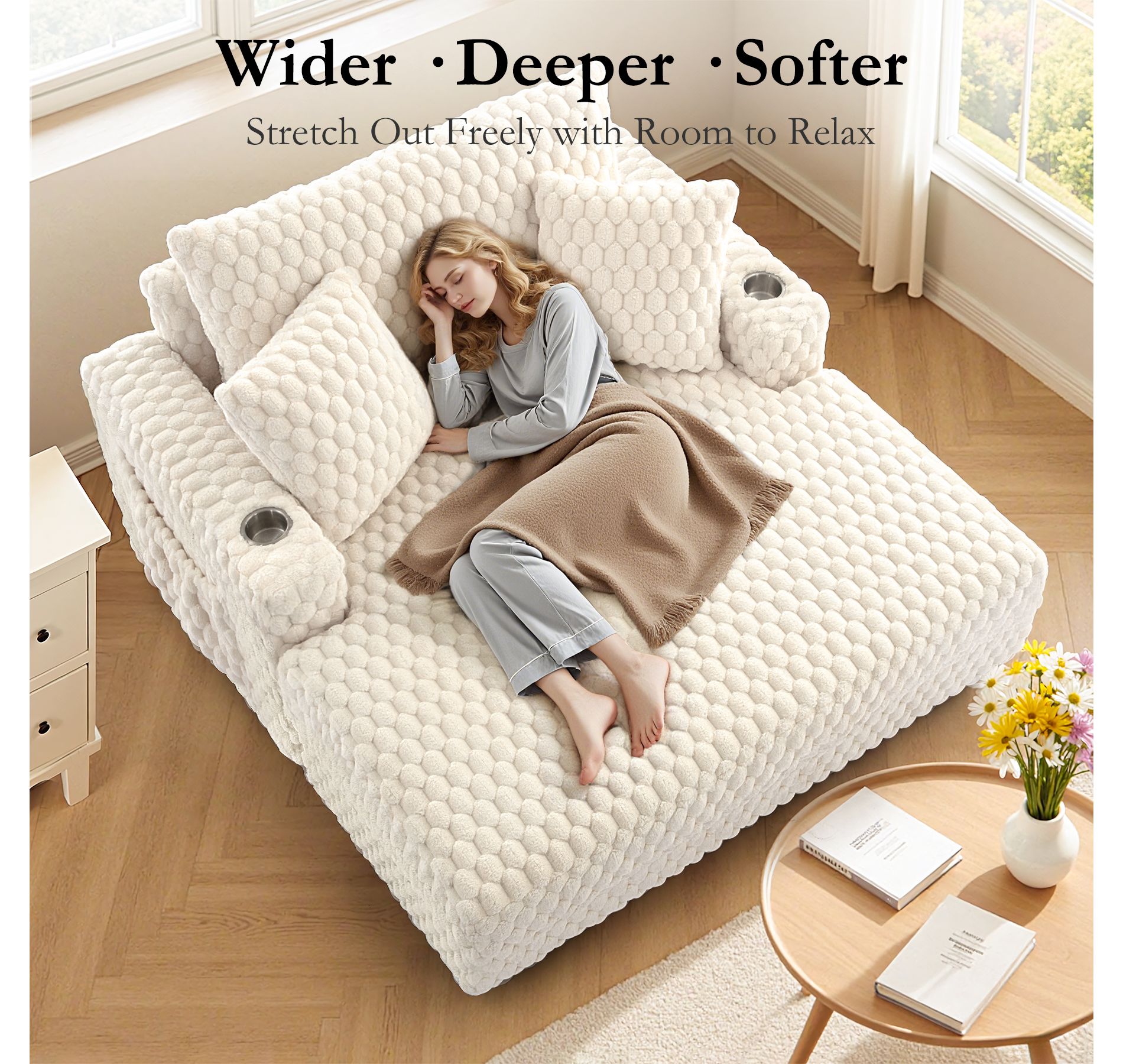 KERDOM Chaise Lounge Sofa Comfy Oversized, Plush Cushioned Comfort Sofa Bed with Cup Holder and Reading Pocket