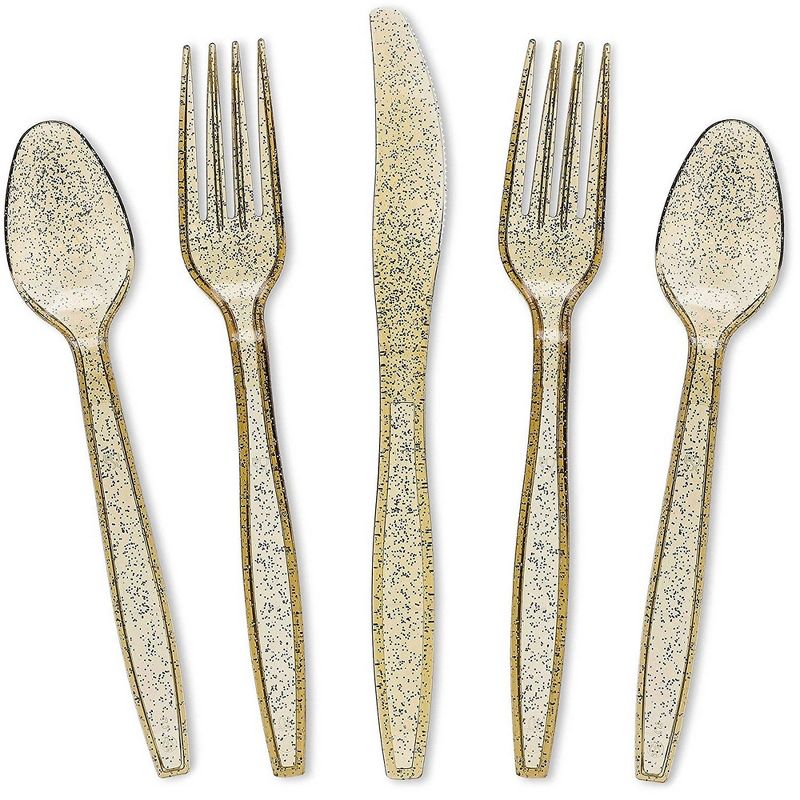 Juvale 144-Piece (Serves 48) Gold Glitter Disposable Plastic Cutlery Party Set Forks Spoons Knives, 1 of 10