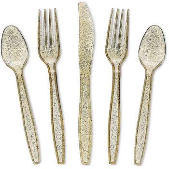 Juvale 144-Piece (Serves 48) Gold Glitter Disposable Plastic Cutlery Party Set Forks Spoons Knives