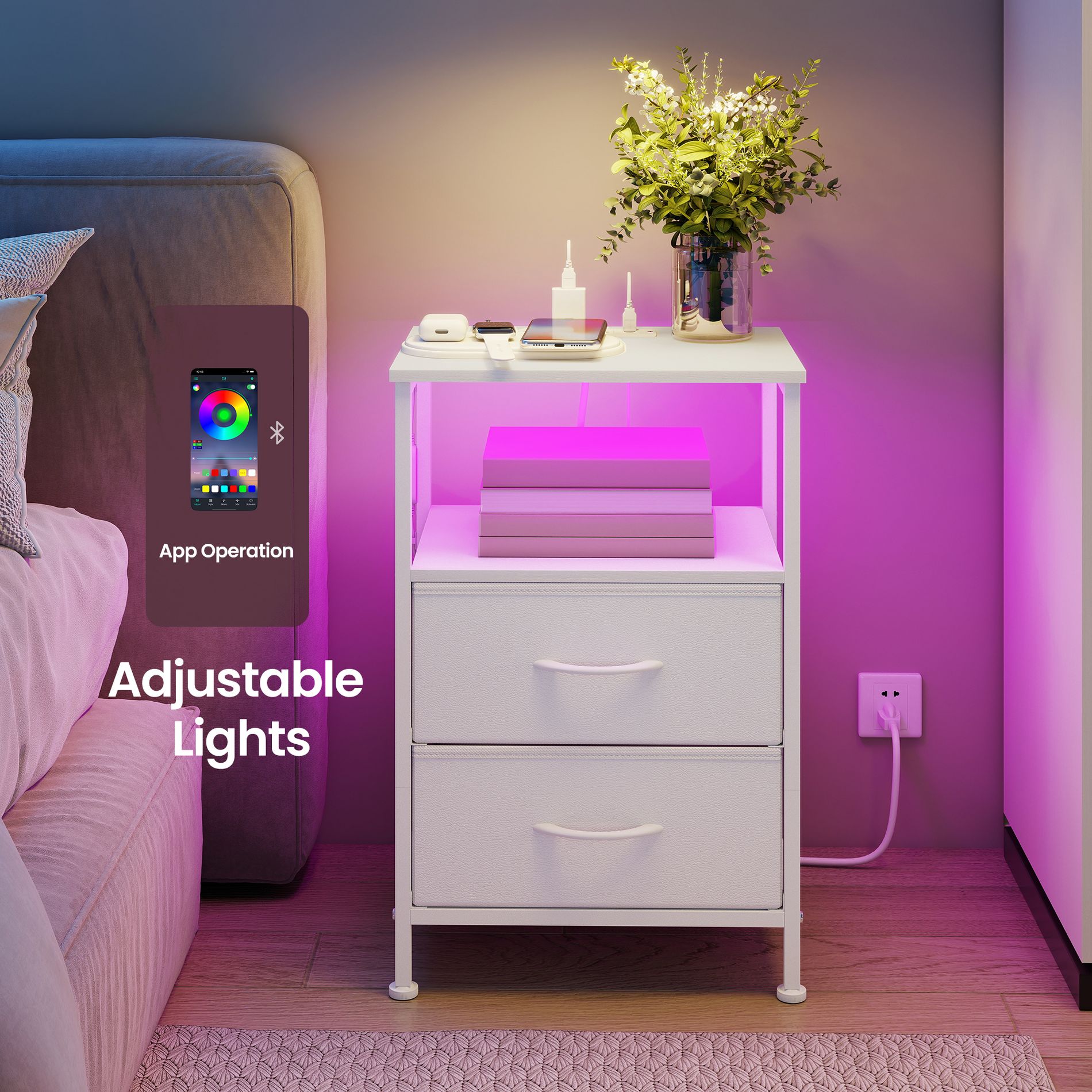 LEDREM Bedroom Bedside Table with LED Lights and Charging Station, Nightstand with 2 Drawer and 1 Shelf
