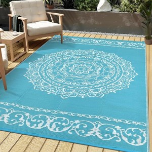 Acekool Outdoor Plastic Area Rug, Weather-Resistant, Easy Clean, Foldable Non Slip Base, Compass, Gray Blue White, Multiple Sizes - 1 of 4